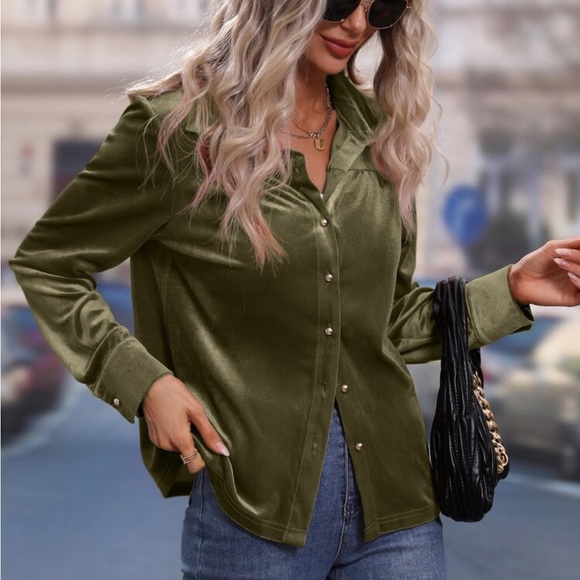 Luxe Velvet Button Down Shirt Top Blouse Rust - Picture 13 of 17